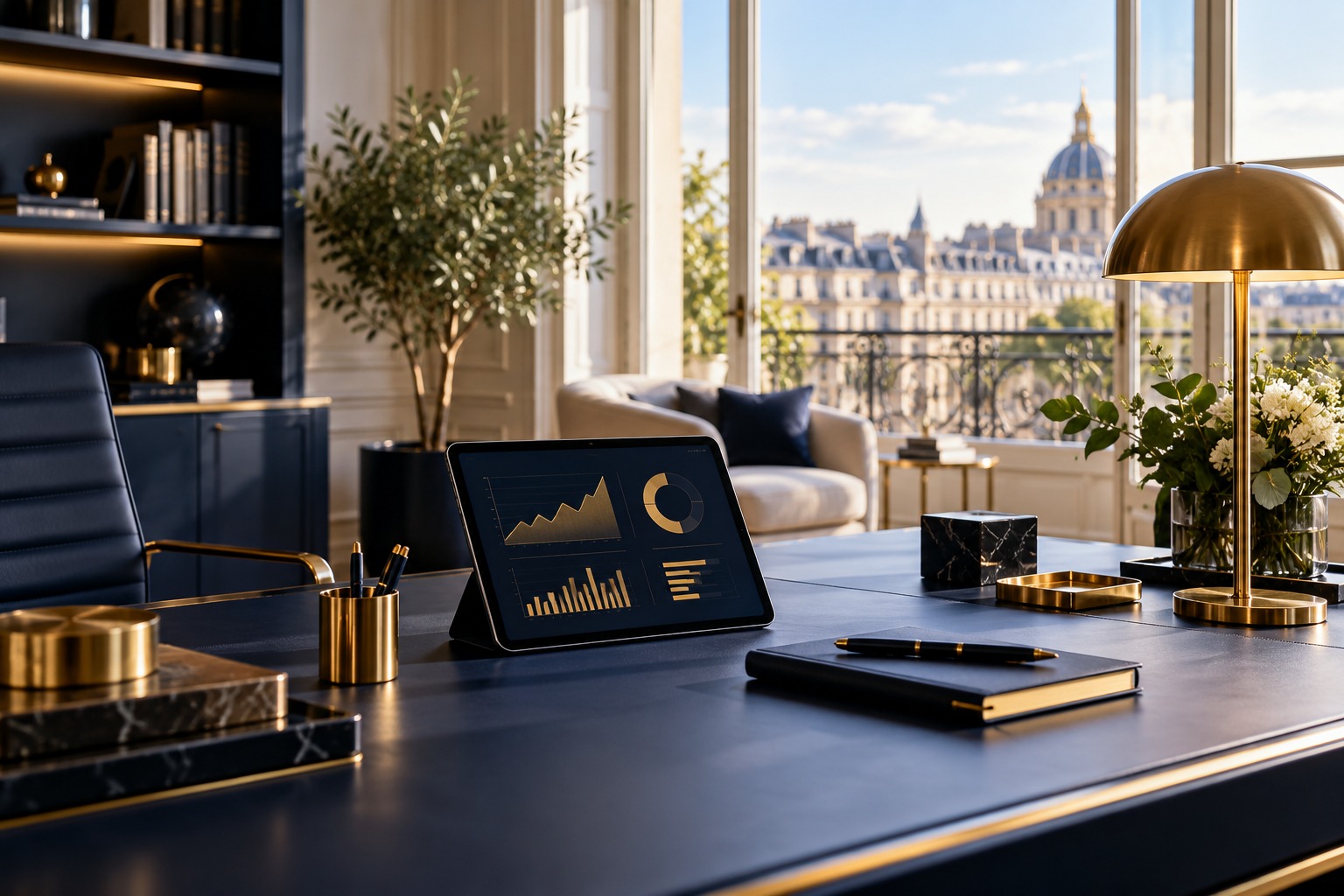 Espace de travail contemporain avec tableau de bord et accessoires bleu nuit et doré